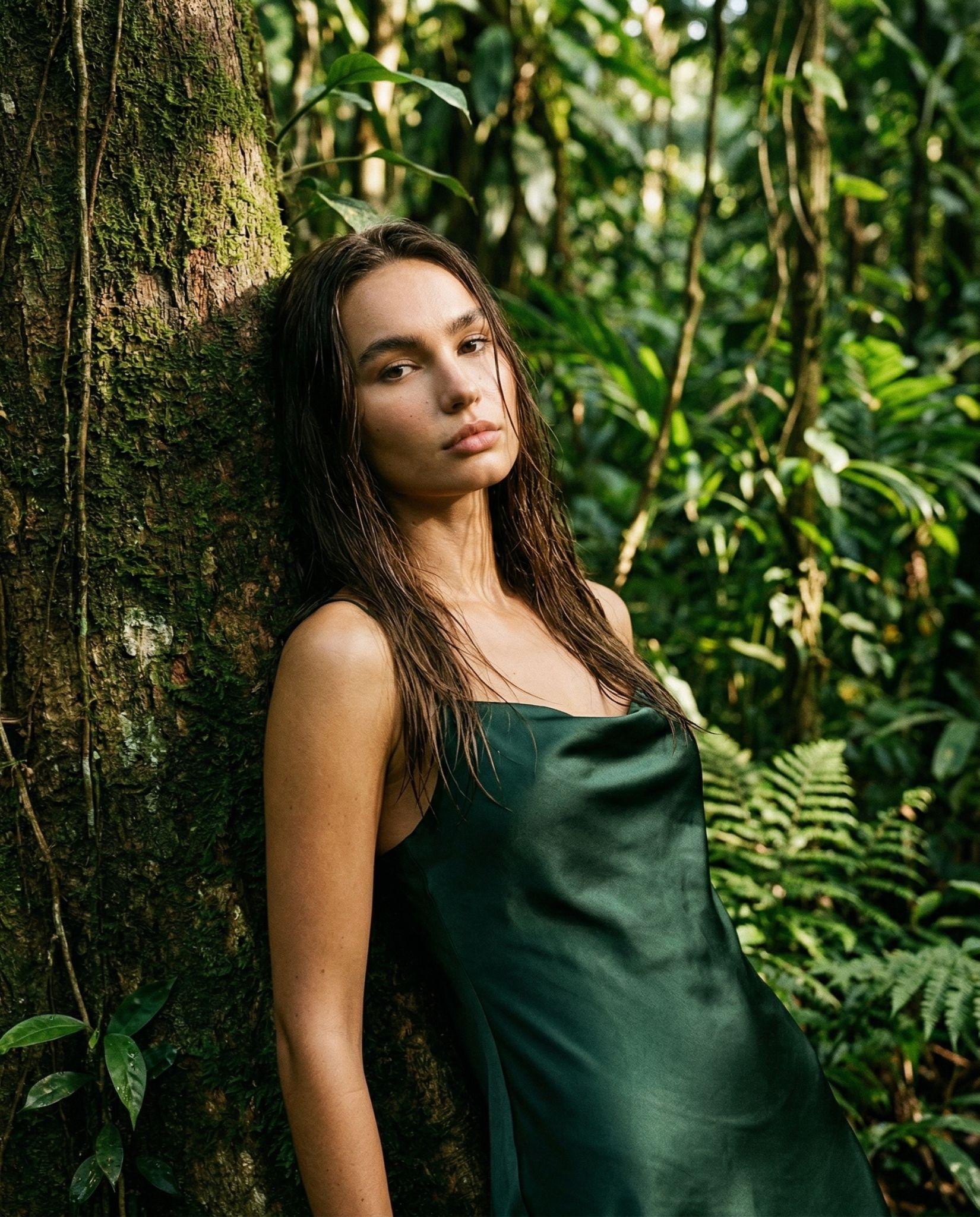 VESTIDO VERDE APOYADA EN EL ÁRBOL